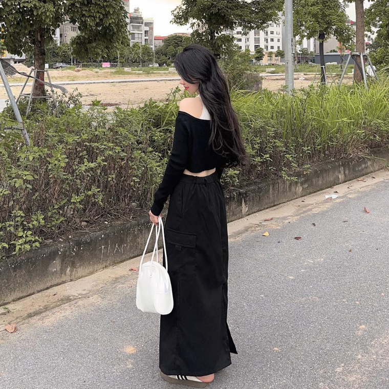 Set Áo Len Lamo Tube Gân Tăm 2 Món Kết Hợp Móc Gài Kim Loại Bạc