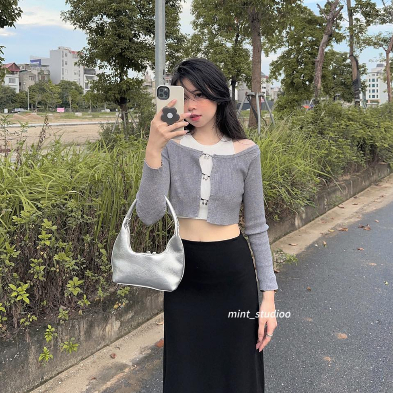 Set Áo Len Lamo Tube Gân Tăm 2 Món Kết Hợp Móc Gài Kim Loại Bạc