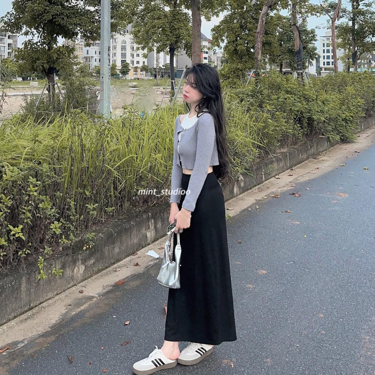 Set Áo Len Lamo Tube Gân Tăm 2 Món Kết Hợp Móc Gài Kim Loại Bạc