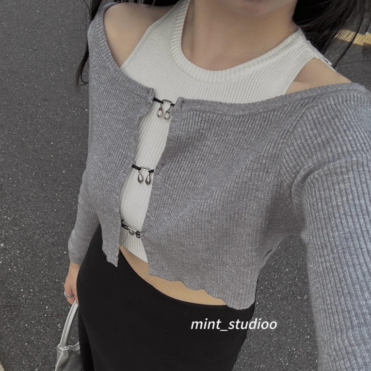 Set Áo Len Lamo Tube Gân Tăm 2 Món Kết Hợp Móc Gài Kim Loại Bạc