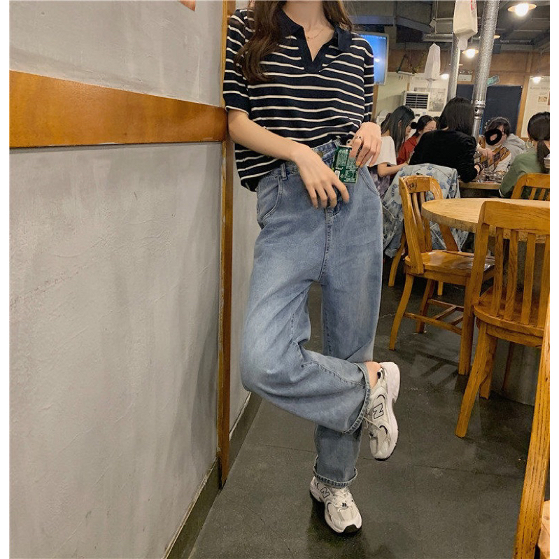 ÁoPolo  - ngắn tay họa tiết kẻ sọc phong cách Hàn Quốc thời trang mùa hè cho nữ