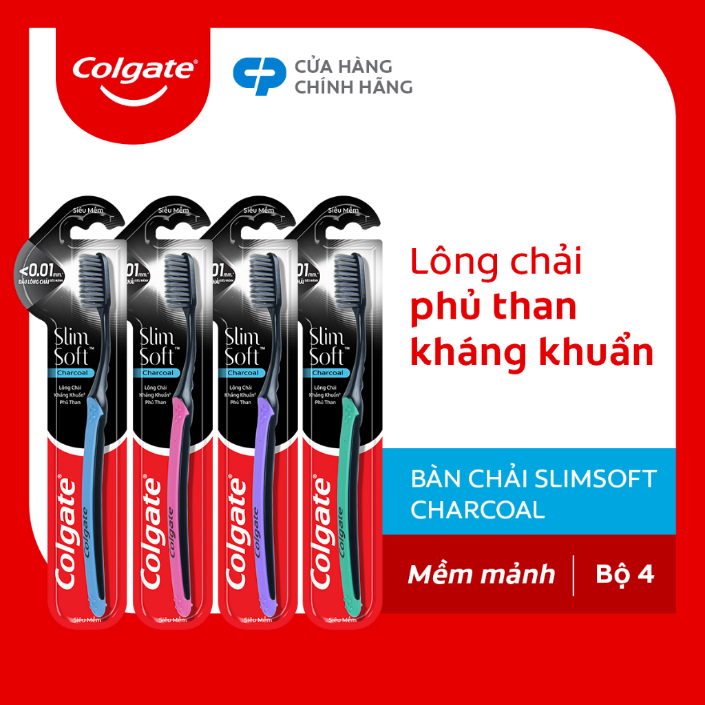 Bộ 4 Bàn chải Colgate SlimSoft Charcoal than hoạt tính kháng khuẩn siêu mềm mảnh