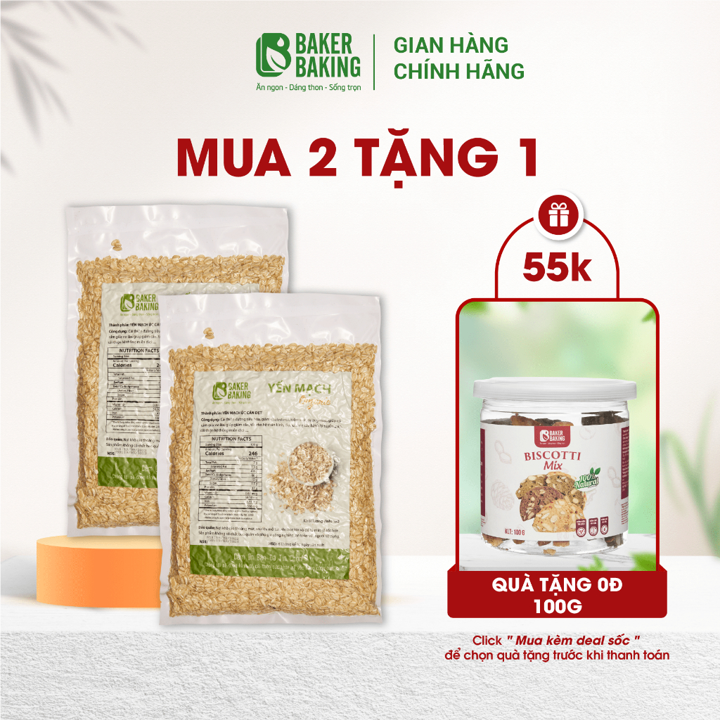 Yến mạch cán dẹt dinh dưỡng Baker Baking không đường hỗ trợ giảm cân, ăn kiêng 1kg