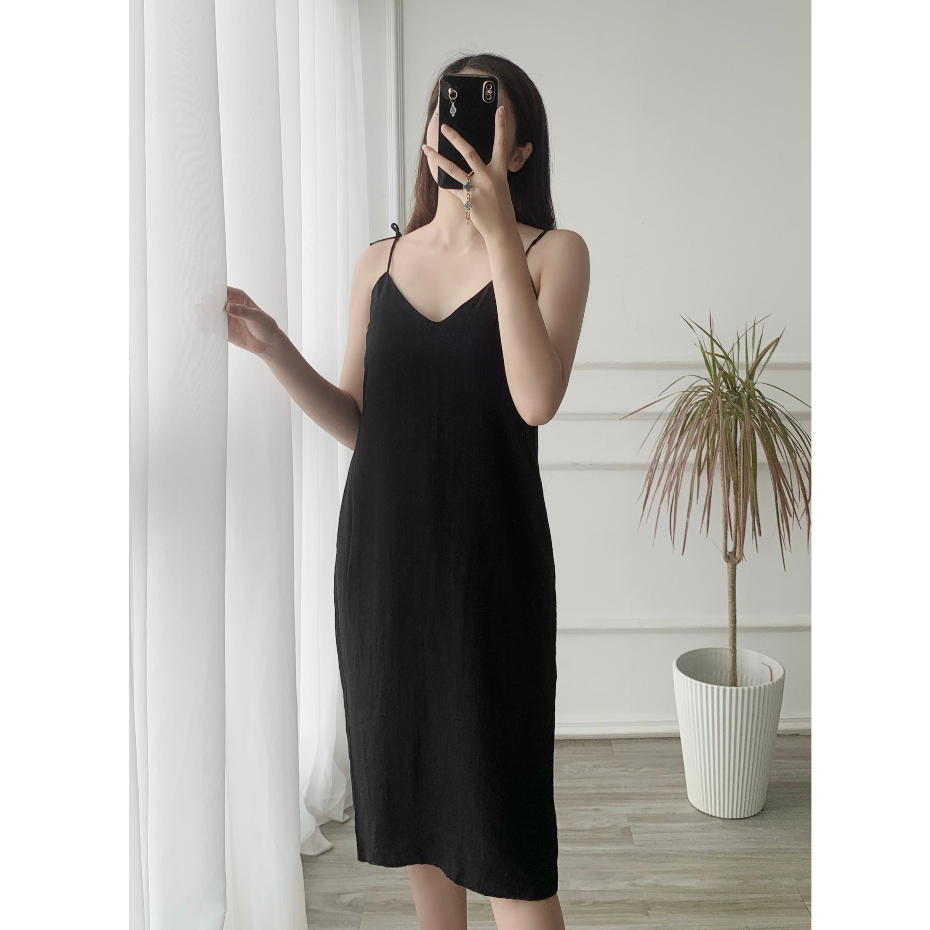 Đầm hai dây dáng dài chất đũi cao cấp mềm mát, Váy đũi 2 dây Melli Homewear V07