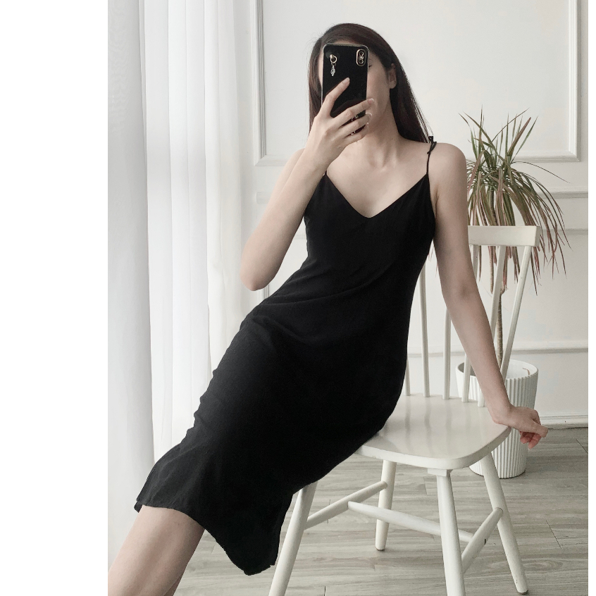 Đầm hai dây dáng dài chất đũi cao cấp mềm mát, Váy đũi 2 dây Melli Homewear V07