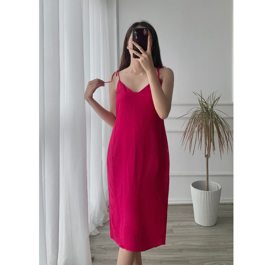 Đầm hai dây dáng dài chất đũi cao cấp mềm mát, Váy đũi 2 dây Melli Homewear V07