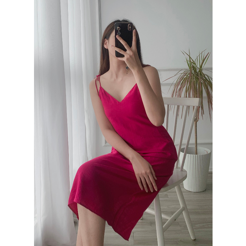 Đầm hai dây dáng dài chất đũi cao cấp mềm mát, Váy đũi 2 dây Melli Homewear V07