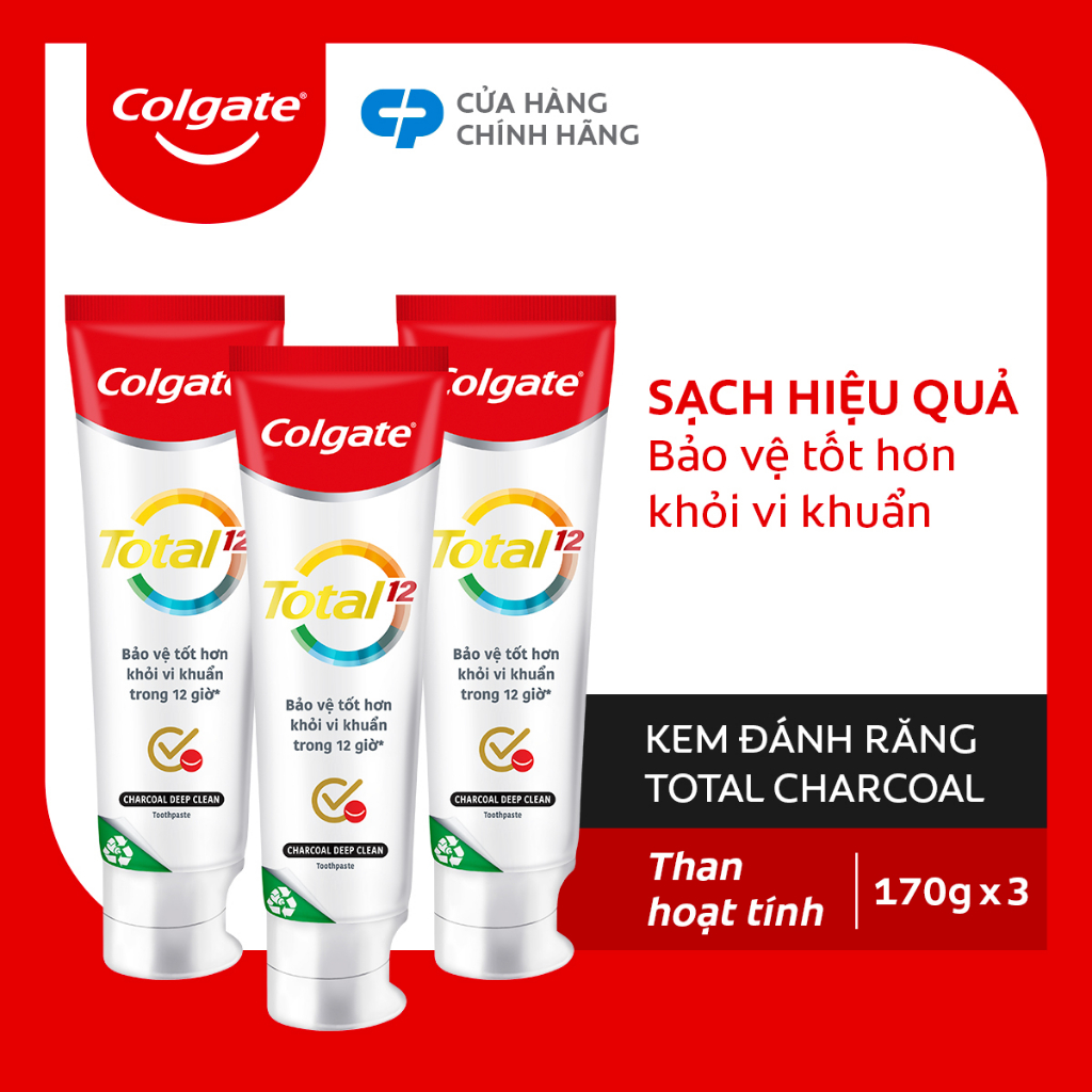 Bộ 3 Kem đánh răng Colgate Total than hoạt tính bảo vệ toàn diện 12 giờ 170g