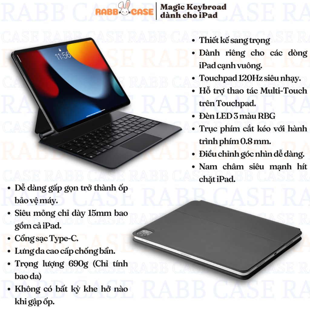 Bao da bàn phím Smart Keybroad dành cho các dòng iPad Gen 10, Air 4/5 10.9", Pro 11", 12.9 inch, có đèn LED nền