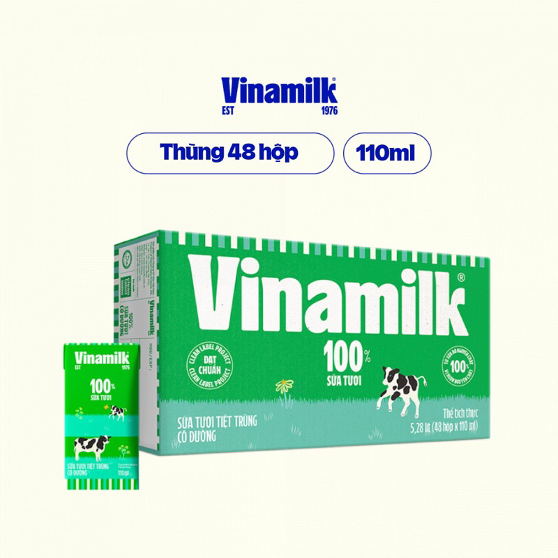 Thùng 110ml sữa tiệt trùng Vinamilk 48 hộp (có đường và ít đường )