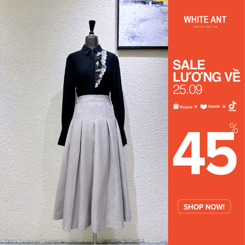 Sơ Mi Cổ Đức ĐÍnh Ren Ngực Và Chân Váy Xếp Ly Xòe Nữ White Ant, Hàng Thiết Kế Cao Cấp KELSEY REGULAR SHIRT 170300211