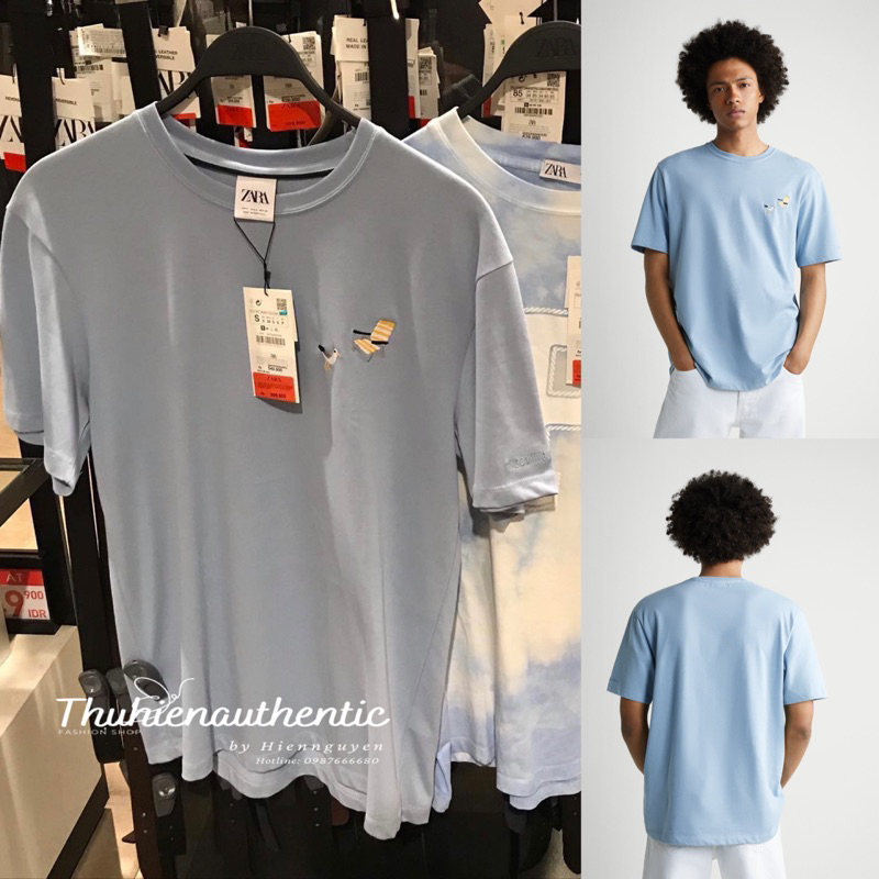 Áo thun nam xanh nhạt hình thêu mã code: 0679/300/400 ZARA chính hãng (kèm ảnh thật)