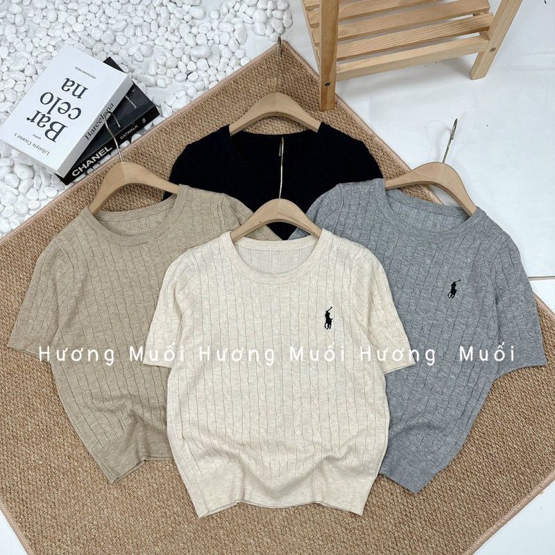 Áo len cộc tay cổ tròn thêu ngựa - ảnh thật 4 màu len mongtoghi