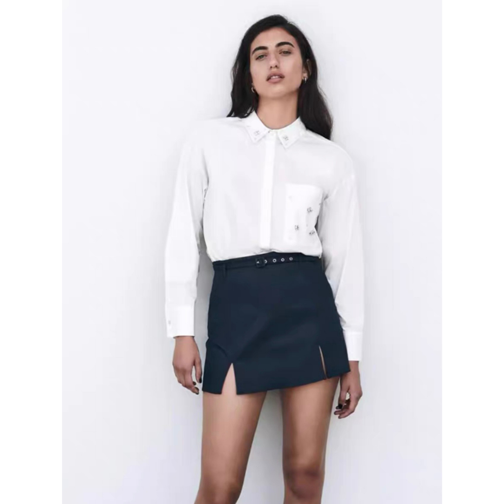 Áo sơ mi lụa đính đá thời trang zara dài tay chất liệu cao cấp kiểu dáng trendy, Sơ mi Trắng xuông Hàn Quốc