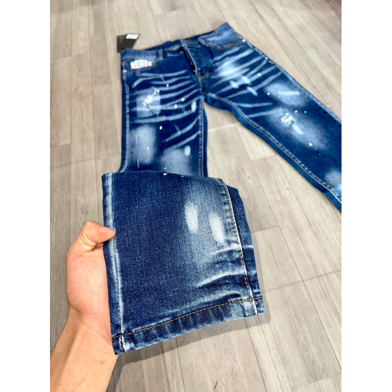Quần Jean Nam DSQ Form Slimfit Quần Bò Nam Xanh Họa Tiết Mài Nhẹ Hai Mặt In logo Lá Phong Túi Sau 2023