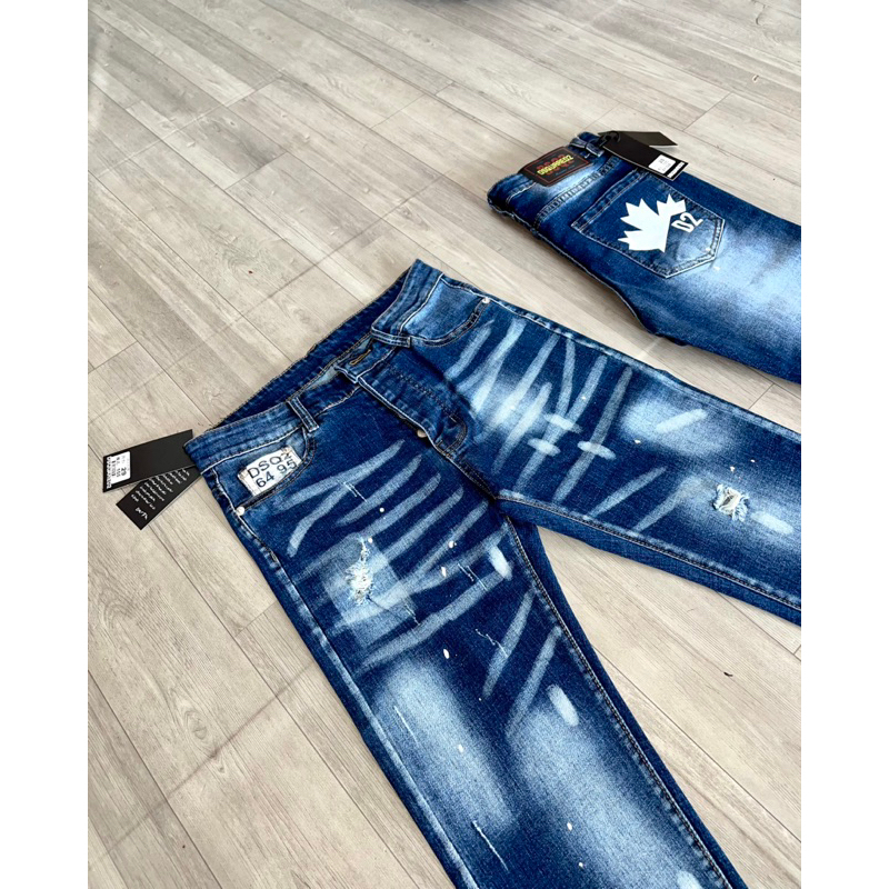 Quần Jean Nam DSQ Form Slimfit Quần Bò Nam Xanh Họa Tiết Mài Nhẹ Hai Mặt In logo Lá Phong Túi Sau 2023