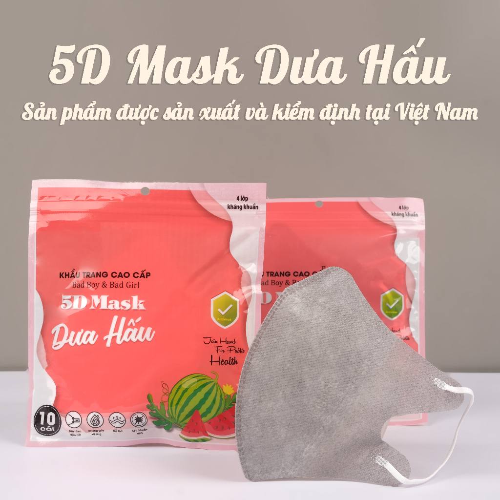 Khẩu Trang 5D Dưa Hấu 3 Lớp Dày Dặn, Hàng Chính Hãng Chống Tia UV