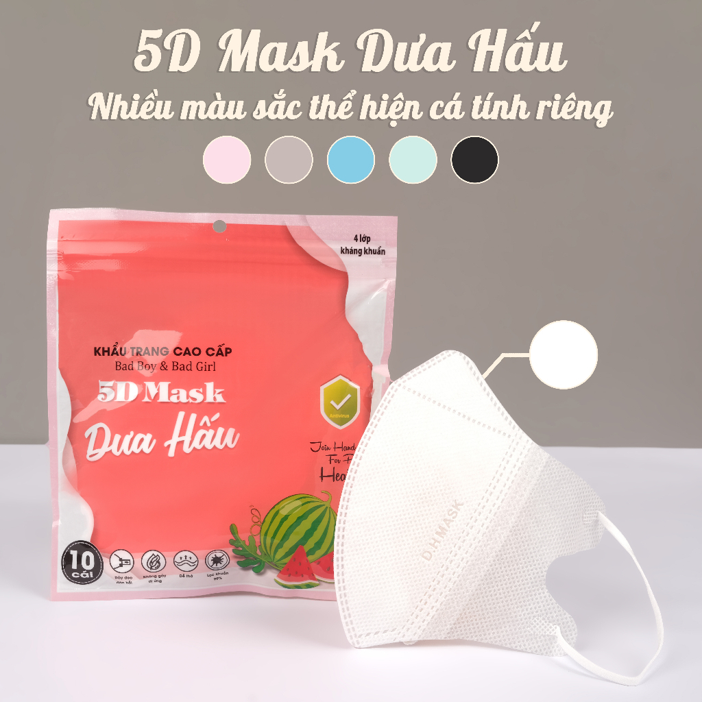 Khẩu Trang 5D Dưa Hấu 3 Lớp Dày Dặn, Hàng Chính Hãng Chống Tia UV