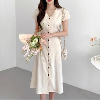Đầm váy cổ V basic thắt eo dáng dài dạo phố công sở rêu trắng
