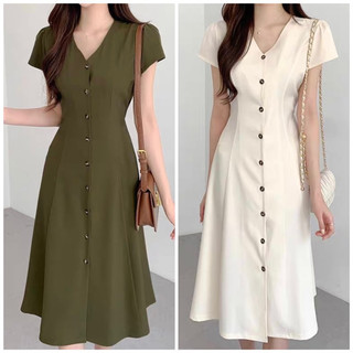 Đầm váy cổ V basic thắt eo dáng dài dạo phố công sở rêu trắng