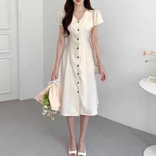 Đầm váy cổ V basic thắt eo dáng dài dạo phố công sở rêu trắng