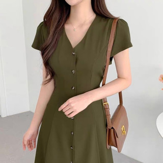 Đầm váy cổ V basic thắt eo dáng dài dạo phố công sở rêu trắng