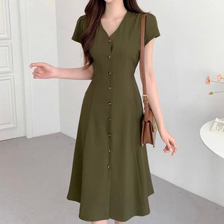 Đầm váy cổ V basic thắt eo dáng dài dạo phố công sở rêu trắng