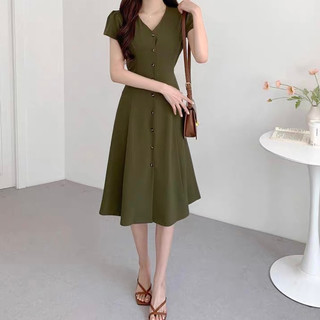 Đầm váy cổ V basic thắt eo dáng dài dạo phố công sở rêu trắng