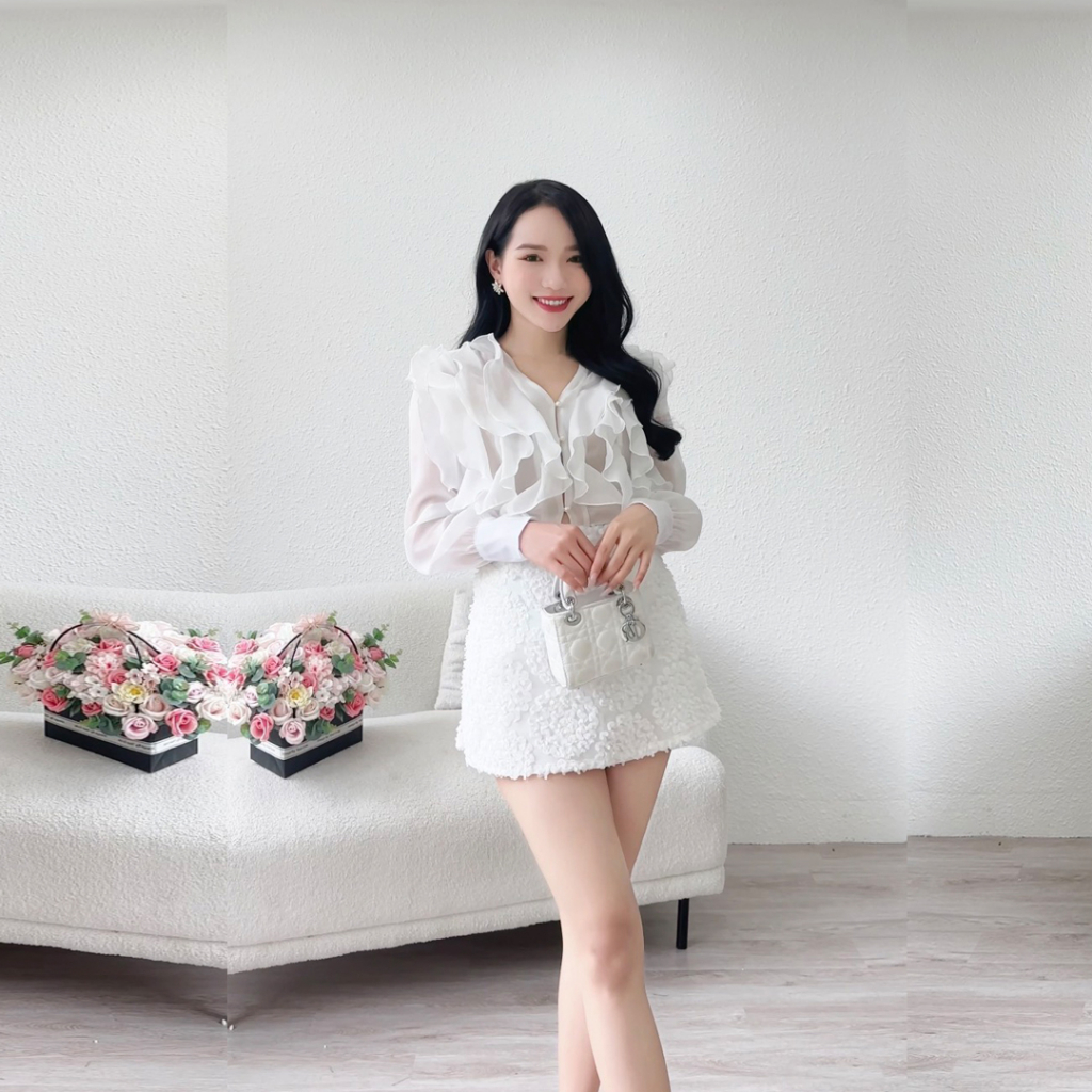 Set sơ mi bèo kèm chân váy hoa tú cầu 905