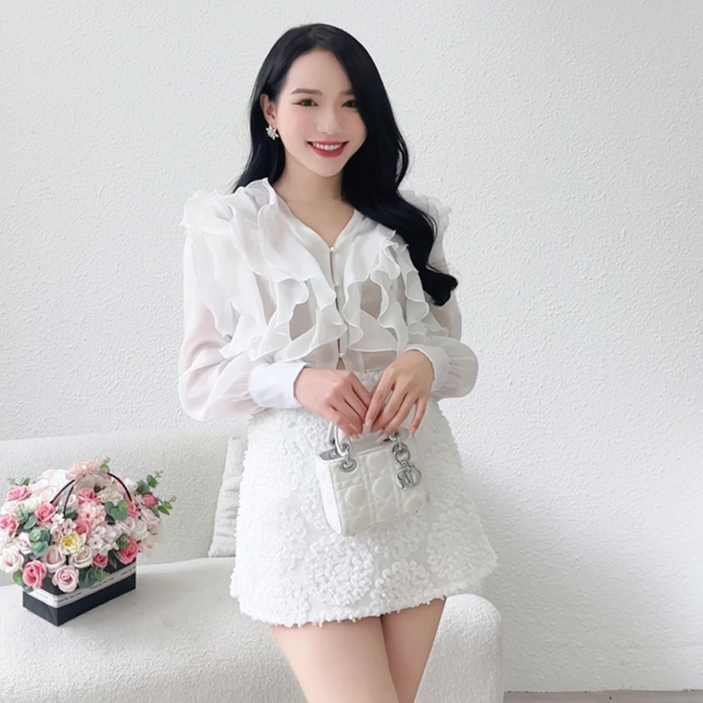 Set sơ mi bèo kèm chân váy hoa tú cầu 905