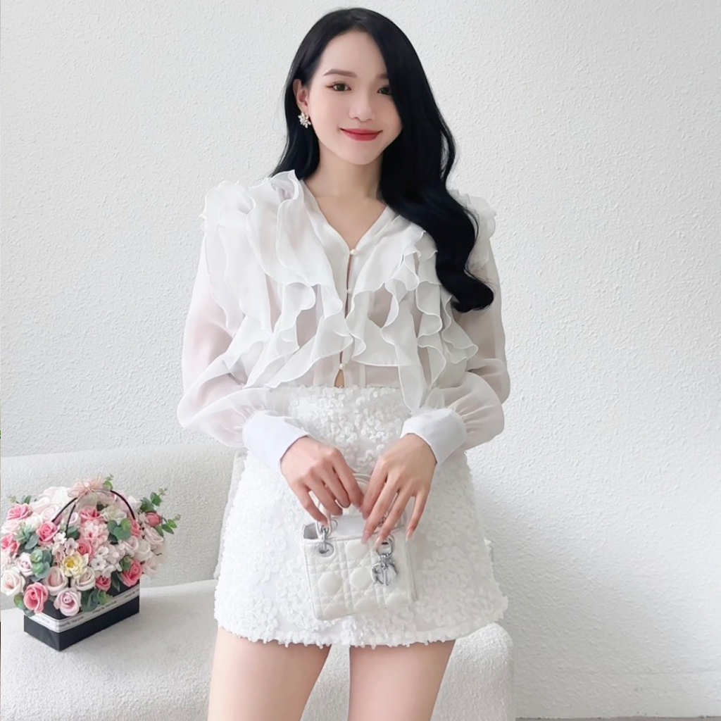 Set sơ mi bèo kèm chân váy hoa tú cầu 905