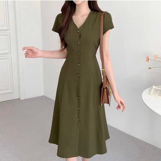 Đầm váy cổ V basic thắt eo dáng dài dạo phố công sở rêu trắng
