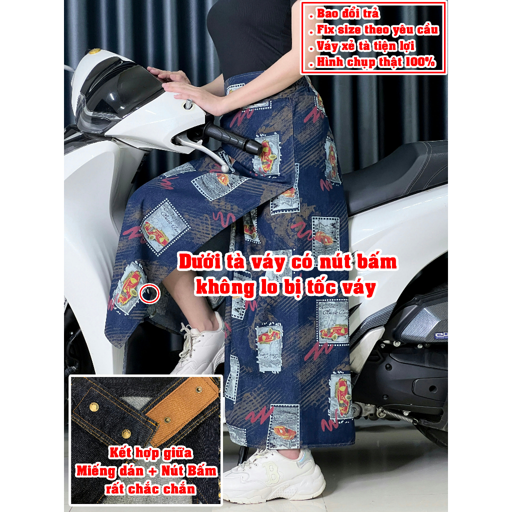 váy chống nắng xẻ tà chất jean cố định bằng miếng dán + nút bấm vòng eo 65-85cm chiều cao dưới 1m57
