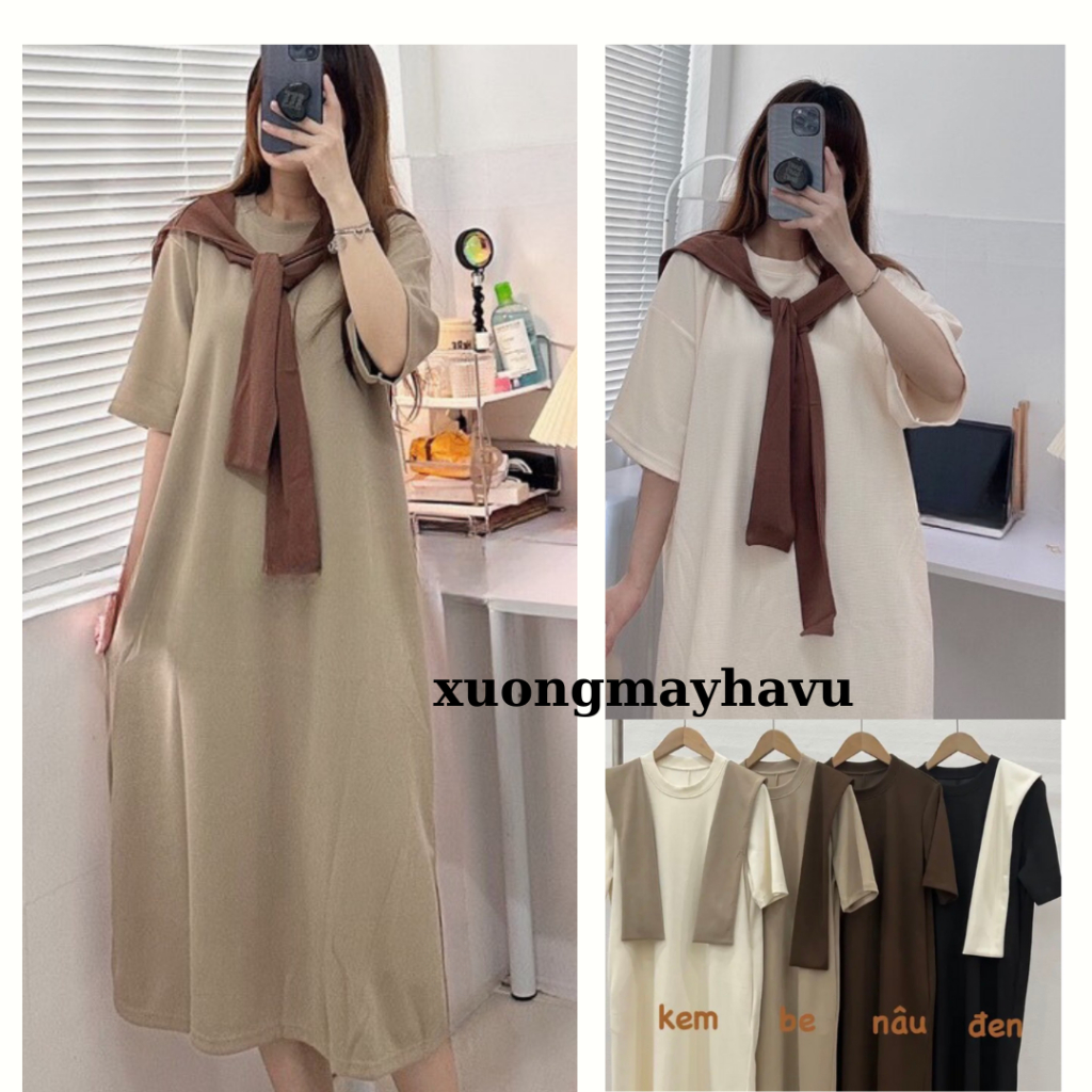 Váy xuông nỉ tăm cộc tay kèm khăn, váy tăm xuông kèm khăn kiểu dáng hàn quốc
