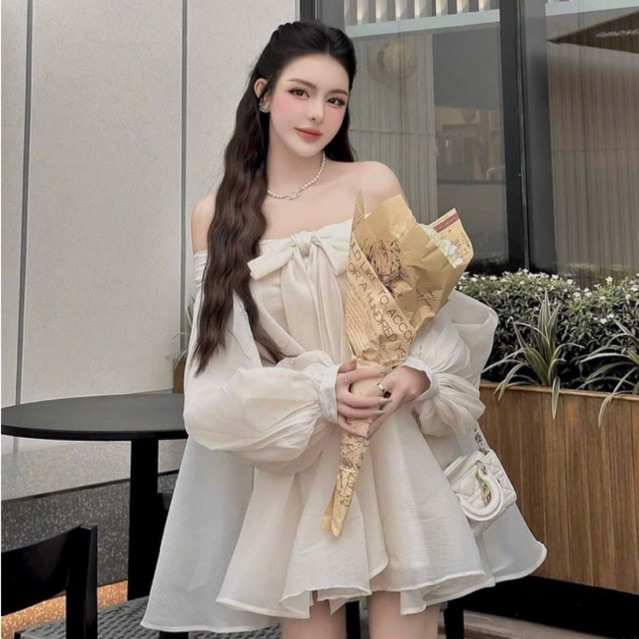 Váy Bẹt Vai Tiểu Thư Đính Nơ Dáng Xoè Tay Bồng, Váy Mai Phương Bùi Phong Cách Dễ Thương