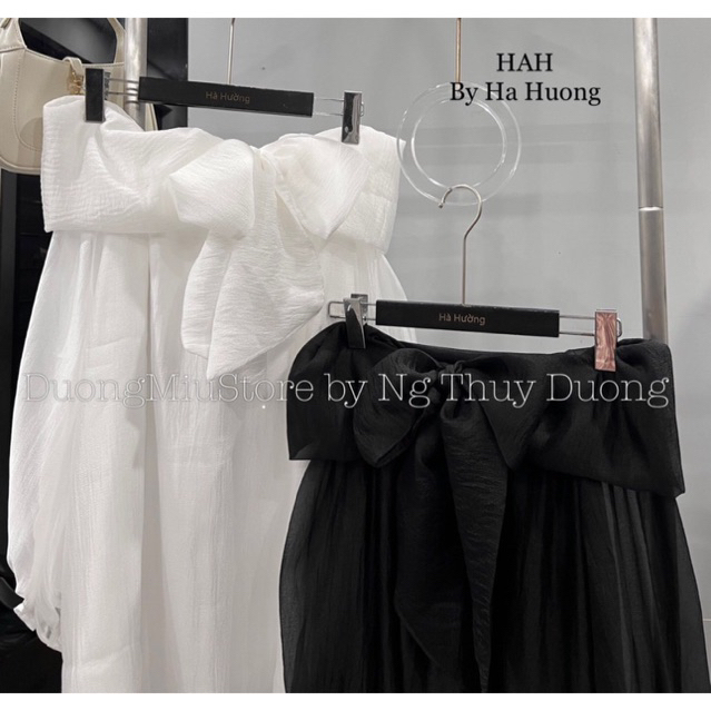 Váy Bẹt Vai Tiểu Thư Đính Nơ Dáng Xoè Tay Bồng, Váy Mai Phương Bùi Phong Cách Dễ Thương