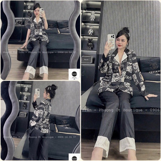 Đồ bộ Pyjama nữ in 5D Ô vuông đen lụa xước Sam cao cấp