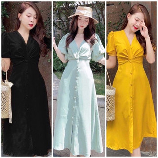 Đầm mint xoắn ngực nút bọc 3 màu