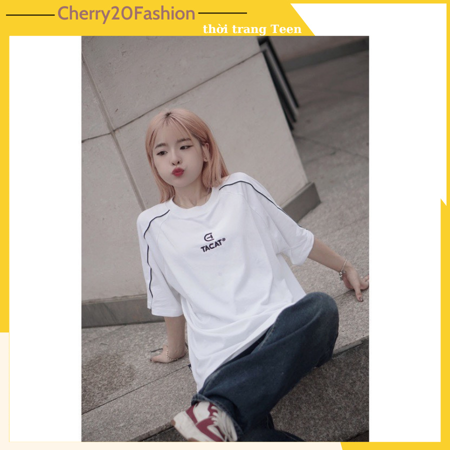 Áo thun tay lỡ viền vai logo ngực đang cực kì hot, áo phông tay lỡ chất cotton khô dày dặn, thoáng mát, phong cách