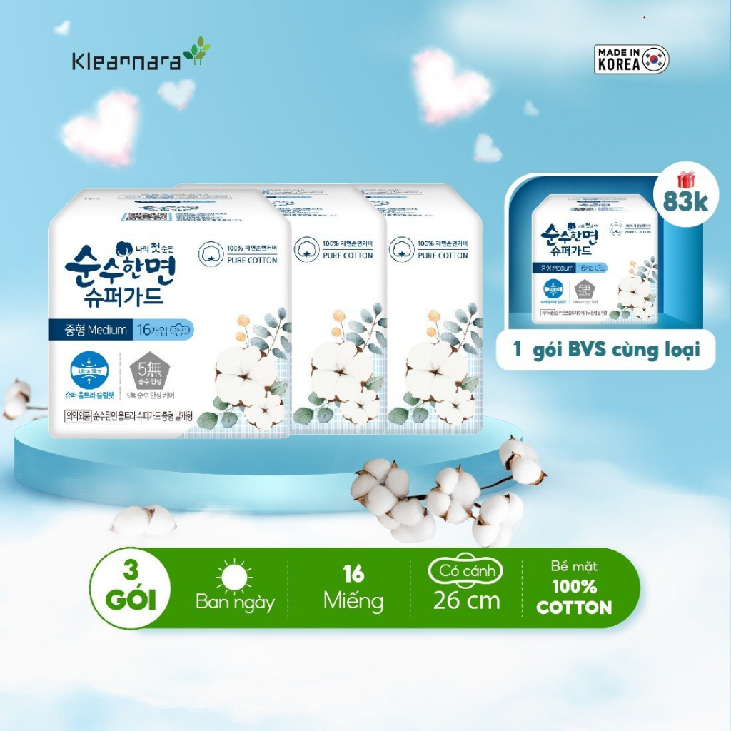 Combo 3 gói băng vệ sinh Kleannara Soonsoohan Hàn Quốc siêu mỏng ban ngày size M 26cm - 16 miếng/gói có cánh