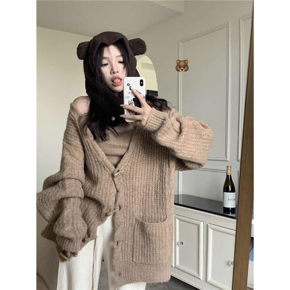 Áo Cardigan Khoác Len Tay Dài Form Rộng Cổ V Phối Túi Phong Cách Hàn Quốc Nhẹ Nhàng Thu Đông 2023