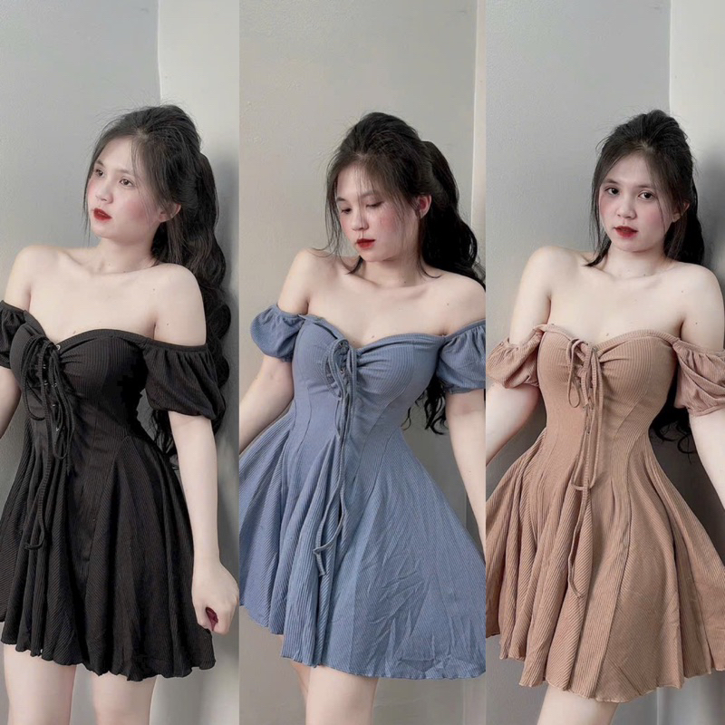 Đầm Tay Ngắn ĐAN NGỰC Trễ Vai Dáng Xoè Sexy Quyến Rũ Có Kèm Quần Đùi