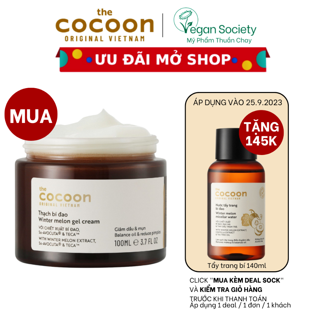 [Special Deal] Thạch Bí Đao cocoon (kem dưỡng ẩm) cấp ẩm và ngừa mụn 100ml Tặng tẩy trang bí đao 140ml