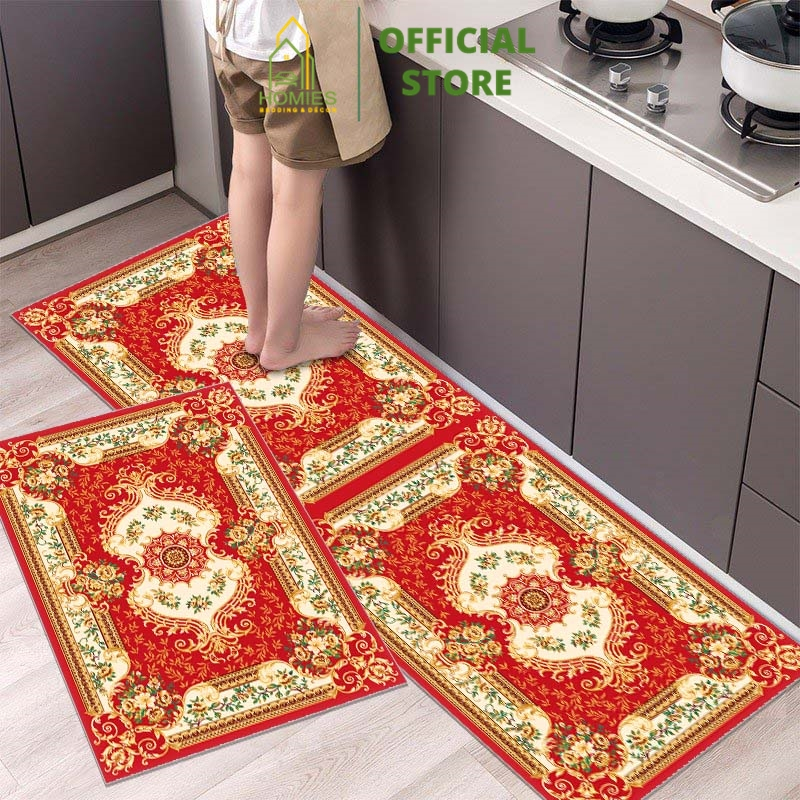 Thảm Bếp HOMIES Bedding & Décor BALI Họa Tiết Hoàng Gia, Bộ 2 thảm Nhà Bếp Bề Mặt Nỉ Thấm Hút Nước Đế Cao Su Chống Trơn