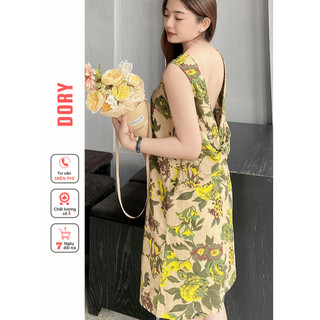 Đầm hoa Linen nữ babydoll thiết kế dáng hở lưng chứ V phía sau váy đi biển