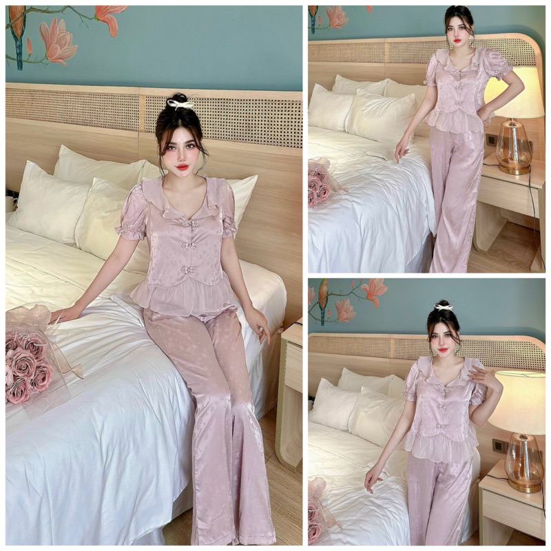 Bộ ngủ tiểu thư lụa Quảng Châu cao cấp lyly ngắn nút thắt tím