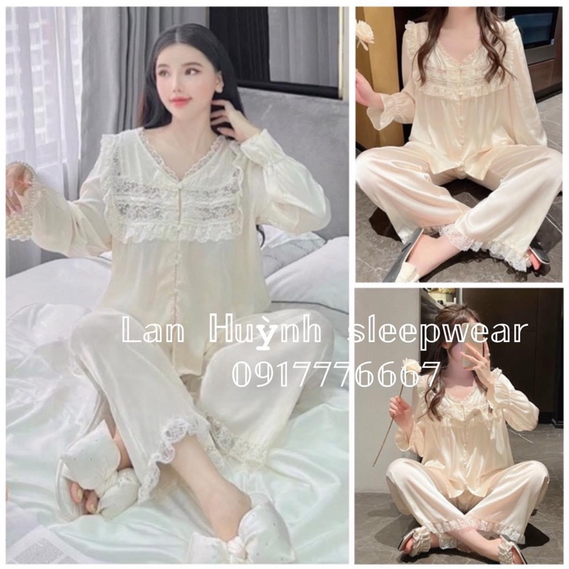 Bộ pijama tiểu thư lụa Quảng Châu cao cấp tag lyly tay dài ren kem