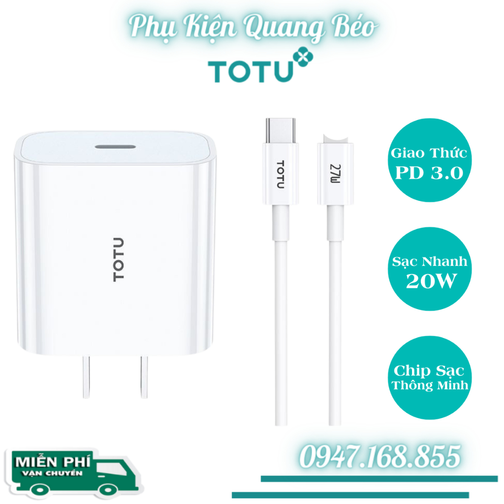 Sạc Nhanh PD 20W, Bộ Sạc Nhanh TOTU ZC32 Max, Chip Điều Chỉnh Dòng Thông Minh, Chống Quá Tải - Sạc Nhanh 20W