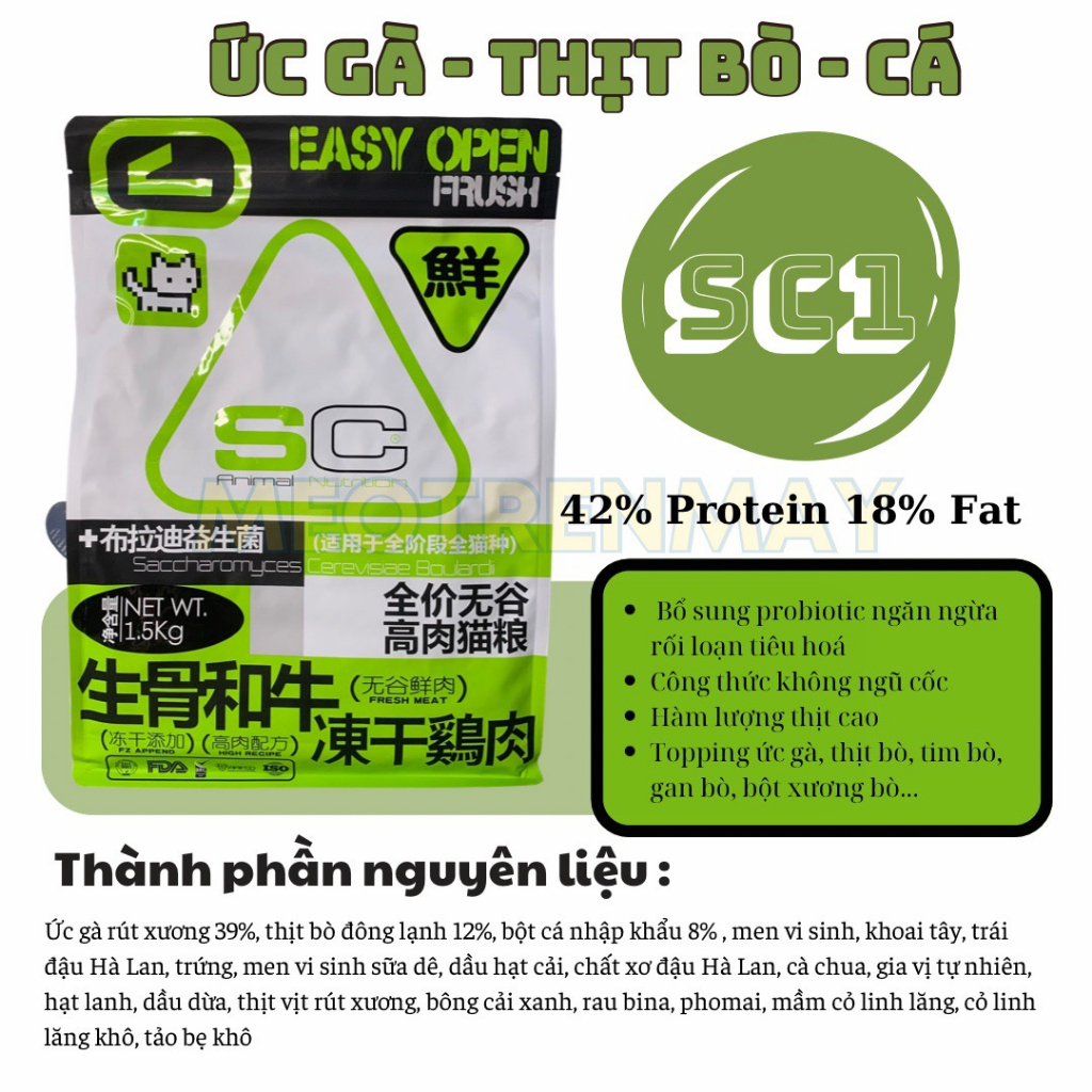 Hạt thức ăn cho mèo SC Grainfree 39% và 42% protein, topping chà bông và thịt viên dành cho mèo mọi lứa tuổi