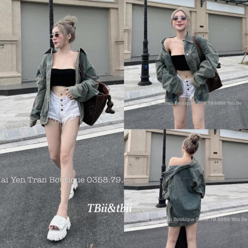 Áo Bò rách túi ngực cổ bẻ dáng rộng